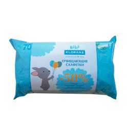 Салфетки влажные очищающие 70+70 шт. Klorane Бебе плотные и мягкие (экстракт календулы и сверхмягкое туалетное молочко) смотка